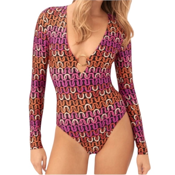 Trina Turk Womens  Echo Long Sleeve Ring Front One Piece Swimsuit NEW Size Med - Picture 2 of 5